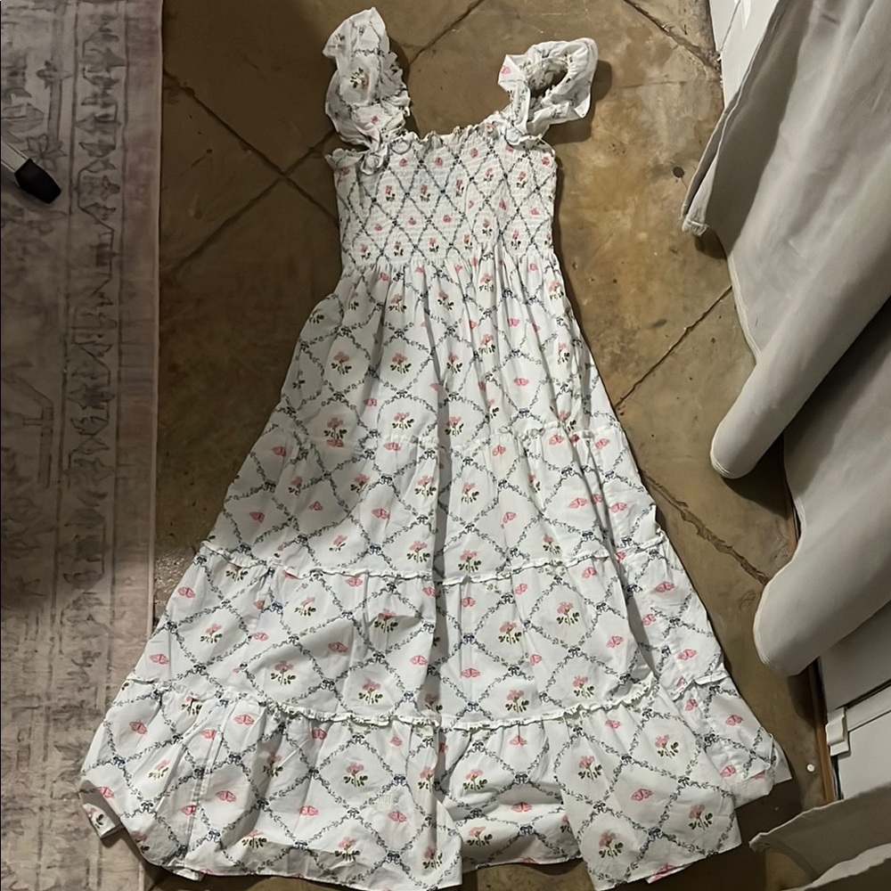 Hill House White and Gray Asymmetrical Smocked Sundress